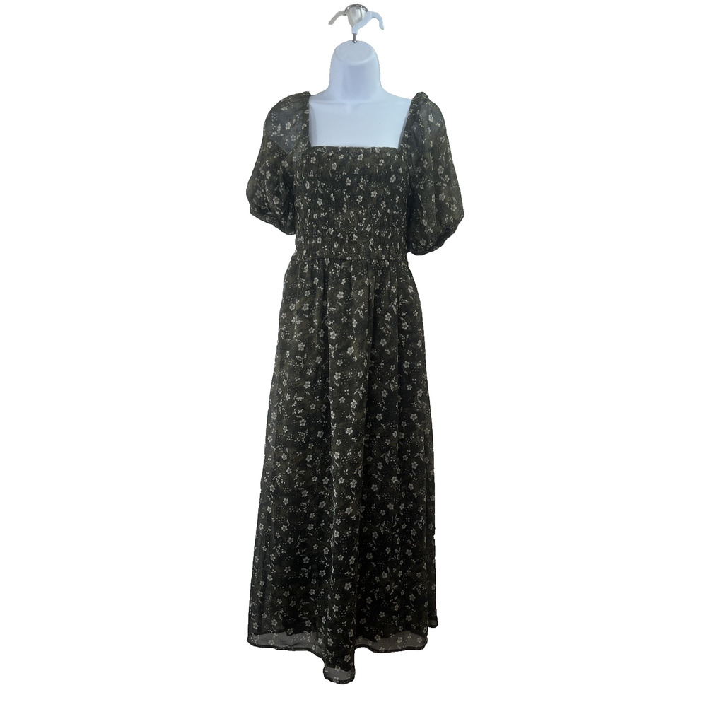 Old Navy Women's Midi Dress Sz XS Green Floral Smocked Fairy Forest Cottage NWOT